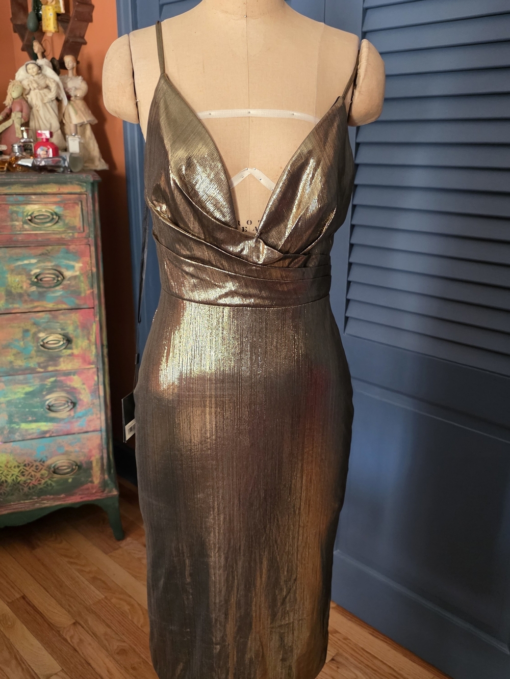 NWT Mac Duggal Antique Gold Metallic V-Neck Midi Dress Size 6